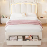 Twin Upholstered LED Bed Frame with Storage Drawer and Adjustable Chic Double Wavy Headboard, Velvet Princess Platform Bed for Kids/Girls, Solid Wood Slats Support, No Box Spring Needed, Beige