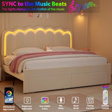 Twin Upholstered LED Bed Frame with Storage Drawer and Adjustable Chic Double Wavy Headboard, Velvet Princess Platform Bed for Kids/Girls, Solid Wood Slats Support, No Box Spring Needed, Beige