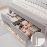 Twin Upholstered LED Bed Frame with Storage Drawer and Adjustable Chic Double Wavy Headboard, Velvet Princess Platform Bed for Kids/Girls, Solid Wood Slats Support, No Box Spring Needed, Beige