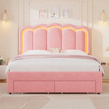 Twin Upholstered LED Bed Frame with Storage Drawer and Adjustable Chic Double Wavy Headboard, Velvet Princess Platform Bed for Kids/Girls, Solid Wood Slats Support, No Box Spring Needed, Beige