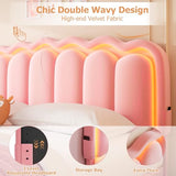 Twin Upholstered LED Bed Frame with Storage Drawer and Adjustable Chic Double Wavy Headboard, Velvet Princess Platform Bed for Kids/Girls, Solid Wood Slats Support, No Box Spring Needed, Beige
