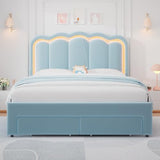 Twin Upholstered LED Bed Frame with Storage Drawer and Adjustable Chic Double Wavy Headboard, Velvet Princess Platform Bed for Kids/Girls, Solid Wood Slats Support, No Box Spring Needed, Beige