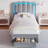 Twin Upholstered LED Bed Frame with Storage Drawer and Adjustable Chic Double Wavy Headboard, Velvet Princess Platform Bed for Kids/Girls, Solid Wood Slats Support, No Box Spring Needed, Beige