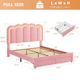 Twin Upholstered LED Bed Frame with Storage Drawer and Adjustable Chic Double Wavy Headboard, Velvet Princess Platform Bed for Kids/Girls, Solid Wood Slats Support, No Box Spring Needed, Beige